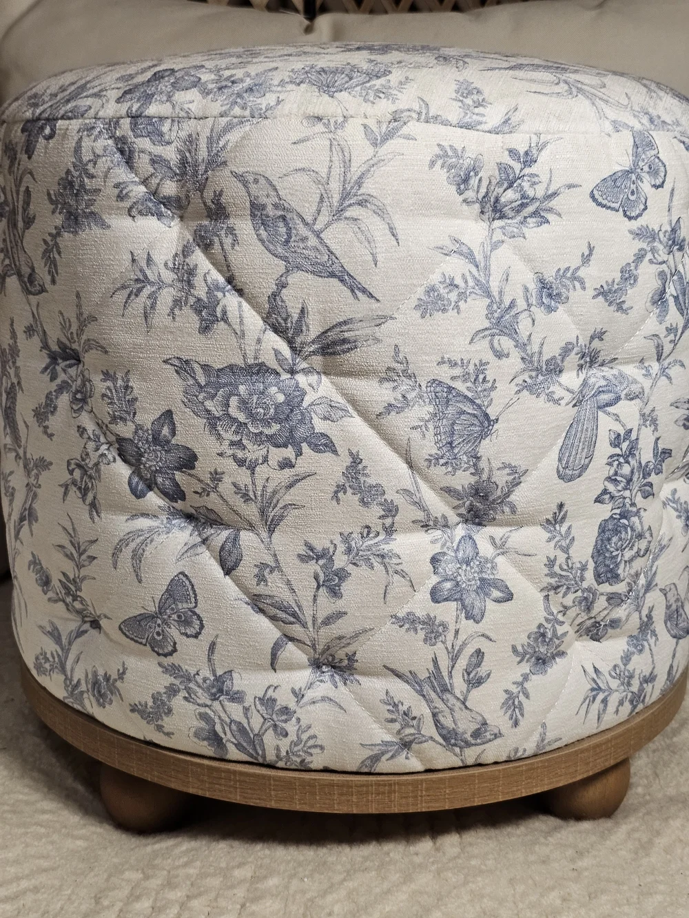 Floral Birds Butteflies Blue and Cream Quilted Accent Ottoman Delphine Viral